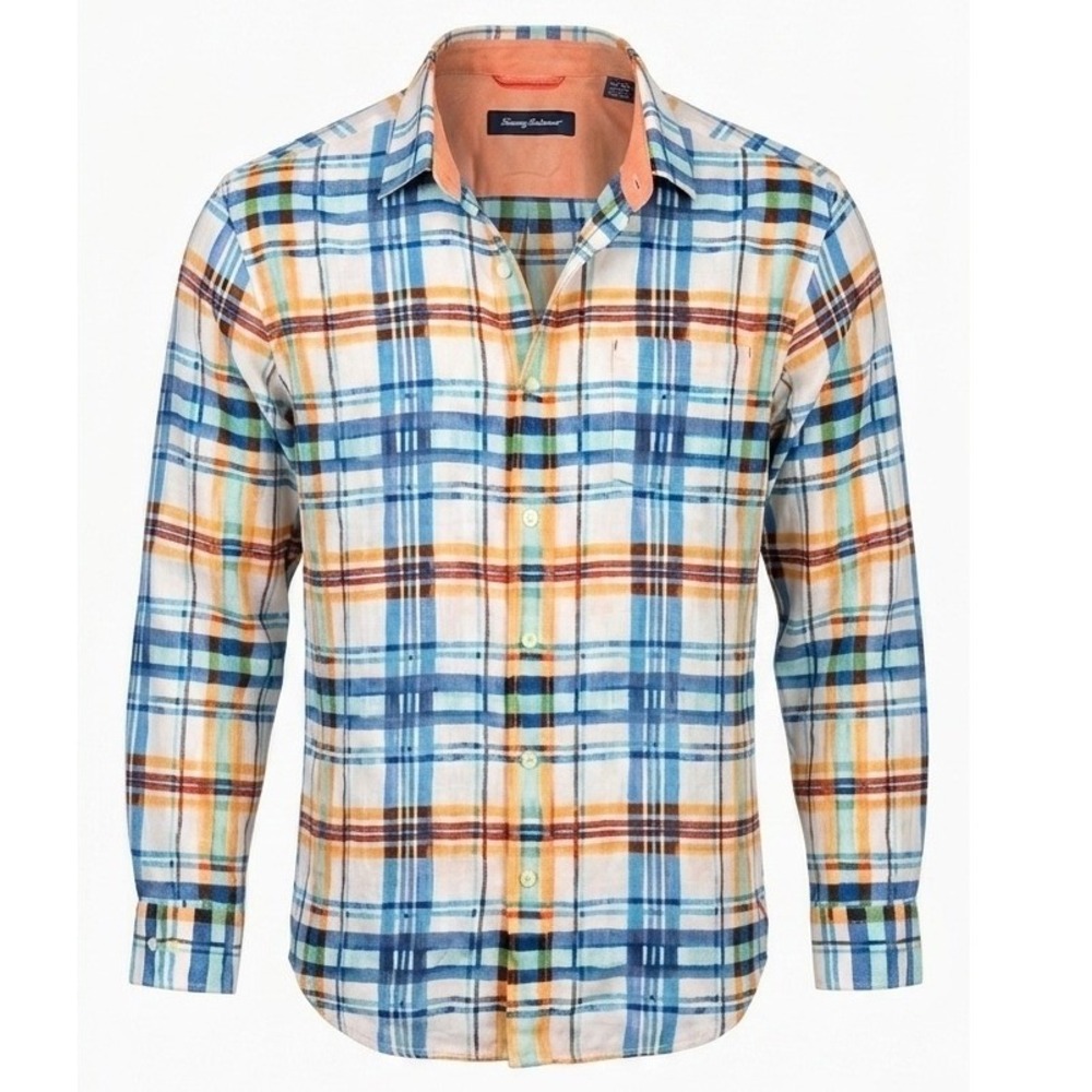 Tommy Bahama Shirt XL Mens Linen Blend Long Sleeve Plaid Multicolor Marlin Logo